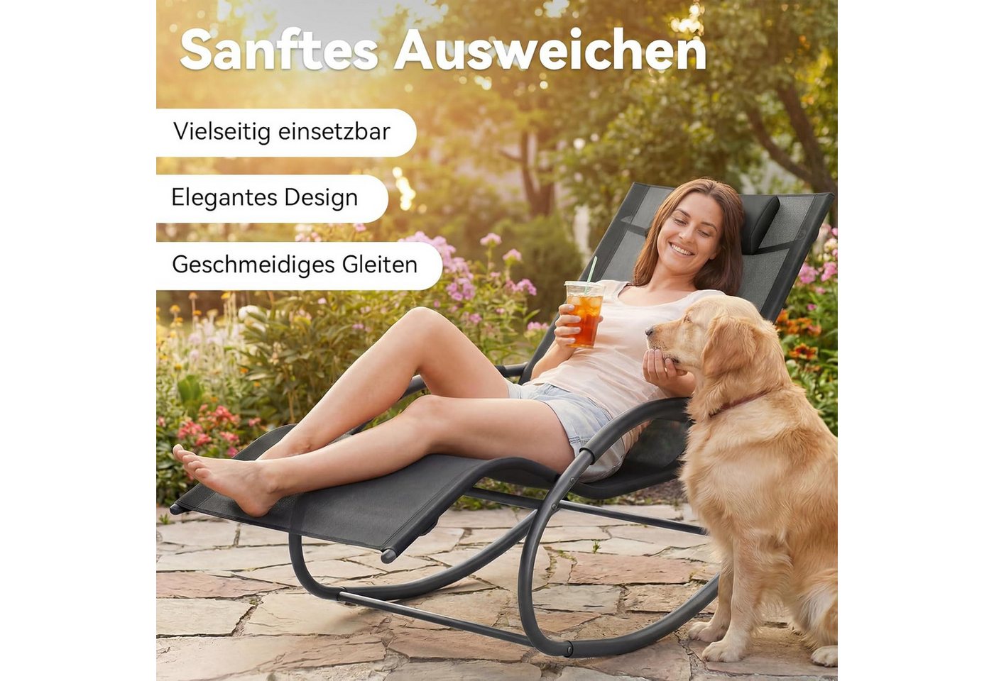 AOXUN Schaukelstuhl Schwingsessel mit Kopfstütze und Ablage Schwarz (1 St)
