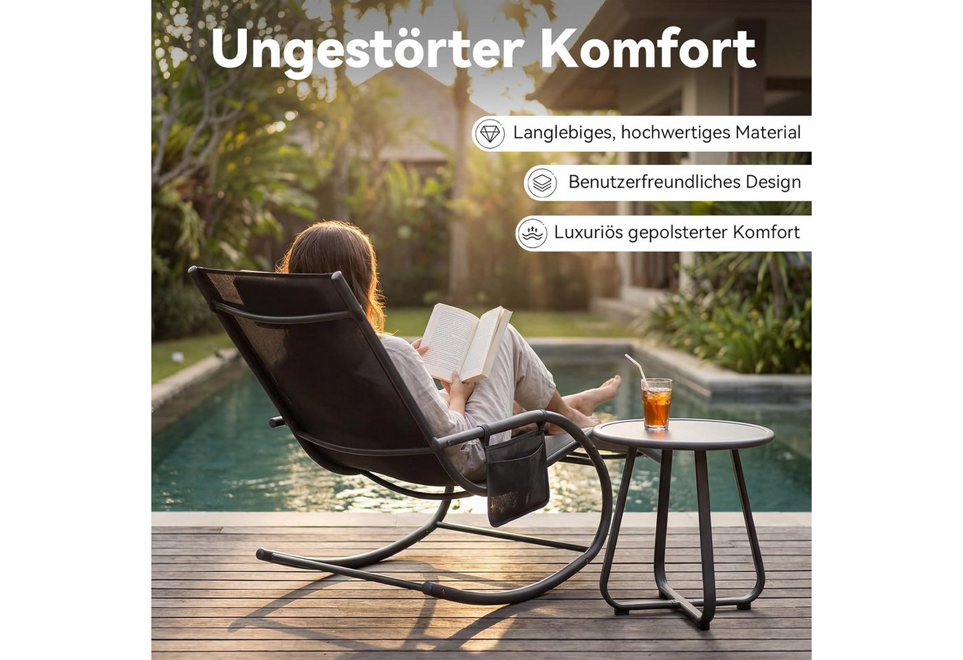AOXUN Schaukelstuhl Schwingsessel mit Kopfstütze und Ablage Schwarz (1 St) Bild 4