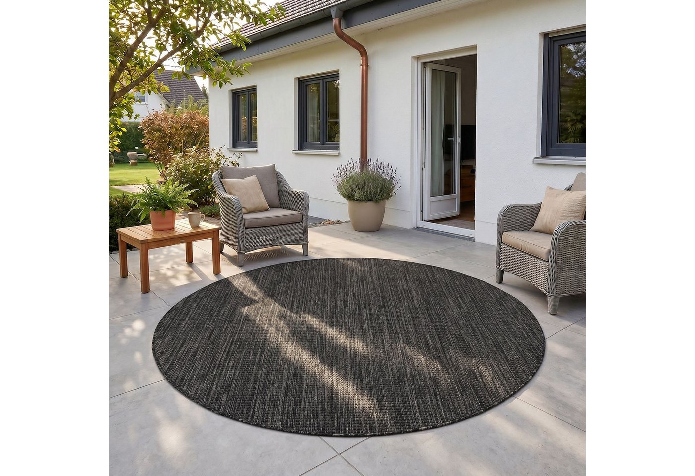 Teppich Boss Teppich Indoor Outdoor Teppich Mira 1450 in Schwarz, rund, Höhe: 3 mm, Extra weich, wetterfest, saugrobotergeeignet und strapazierfähig