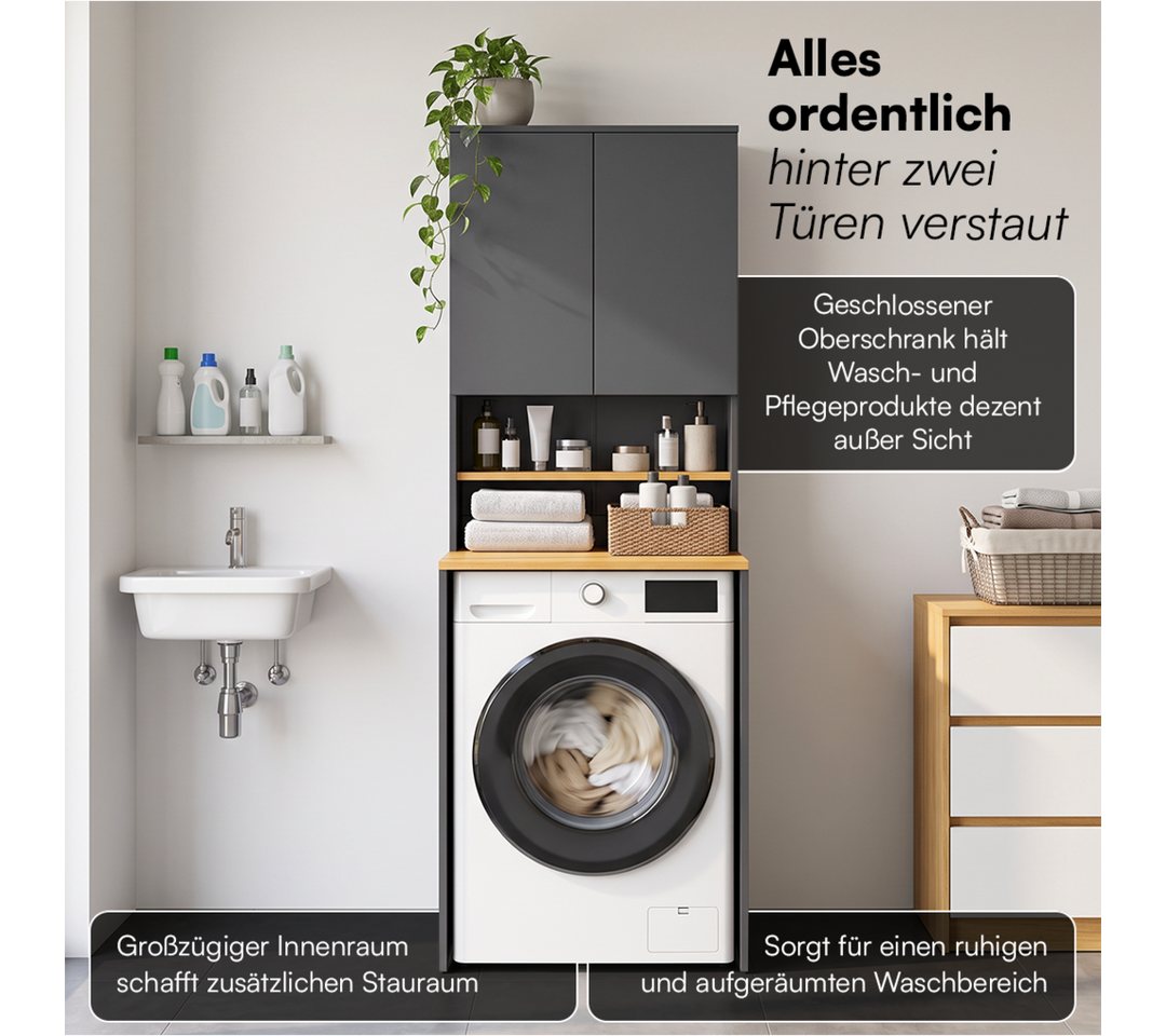 Bellamio Waschmaschinenumbauschrank Vist, Waschmaschine Schrank mit Ablage in Eichenoptik (Anthrazit, mit Seitenschrank, 3 Fächer) Badschrank mit Wandanschluss für Standardgeräte Bild 2