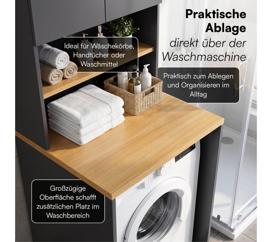 Bellamio Waschmaschinenumbauschrank Vist, Waschmaschine Schrank mit Ablage in Eichenoptik (Anthrazit, mit Seitenschrank, 3 Fächer) Badschrank mit Wandanschluss für Standardgeräte Bild 3