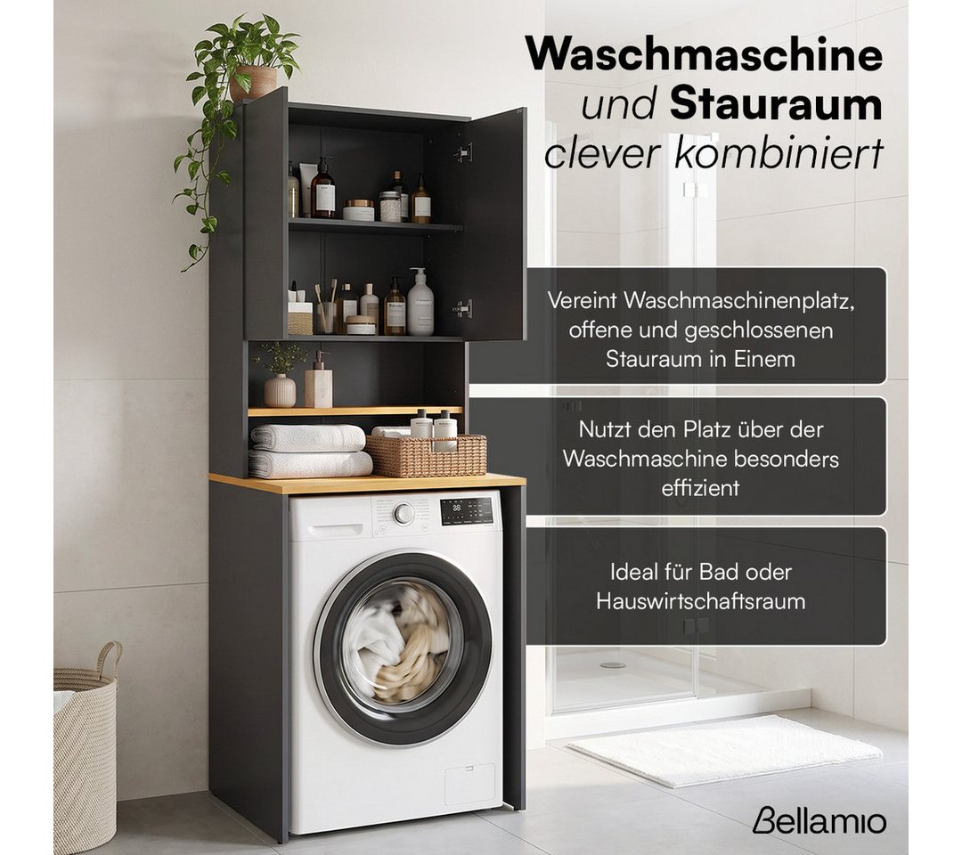 Bellamio Waschmaschinenumbauschrank Vist, Waschmaschine Schrank mit Ablage in Eichenoptik (Anthrazit, mit Seitenschrank, 3 Fächer) Badschrank mit Wandanschluss für Standardgeräte Bild 4