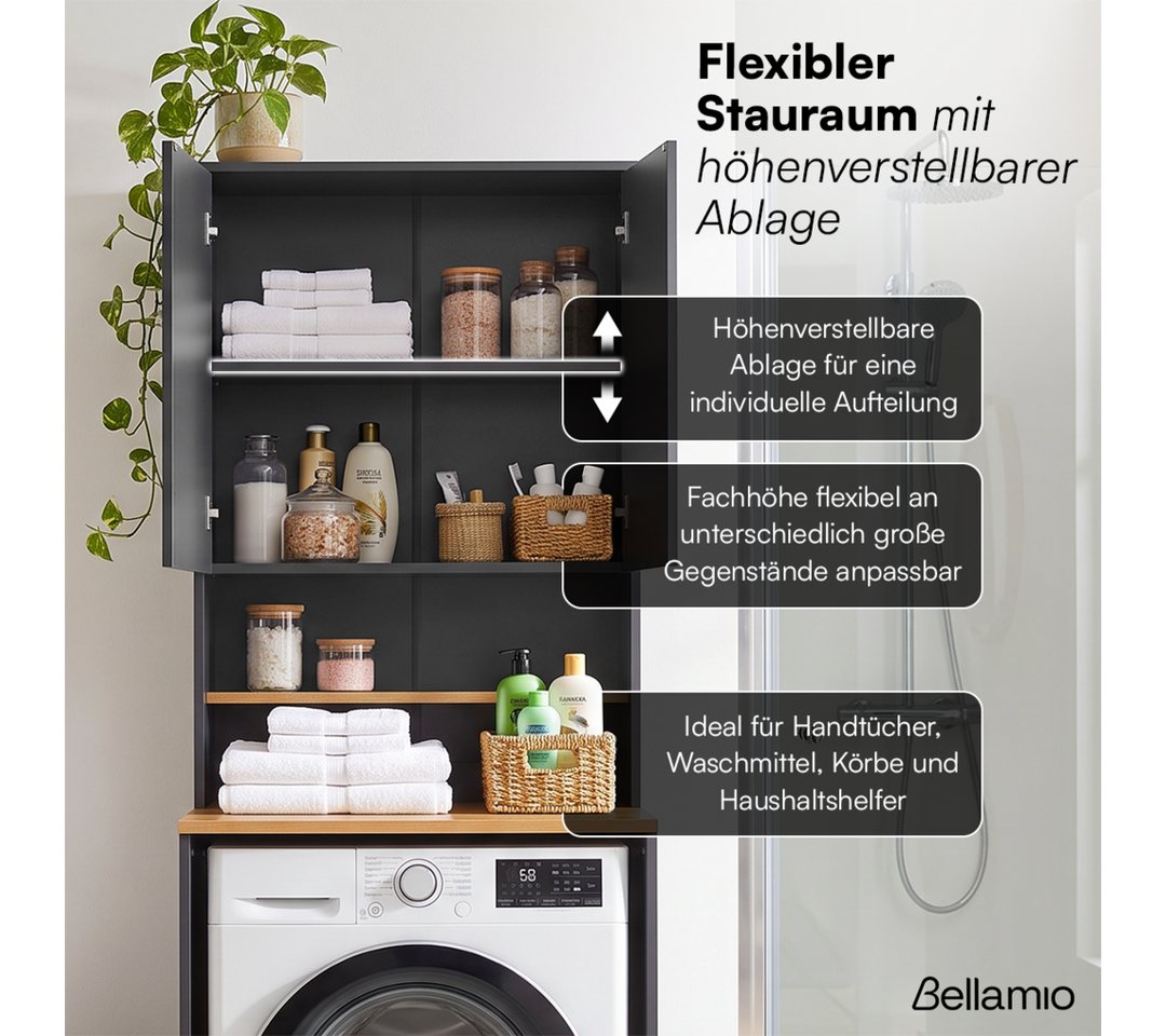 Bellamio Waschmaschinenumbauschrank Vist, Waschmaschine Schrank mit Ablage in Eichenoptik (Anthrazit, mit Seitenschrank, 3 Fächer) Badschrank mit Wandanschluss für Standardgeräte Bild 5