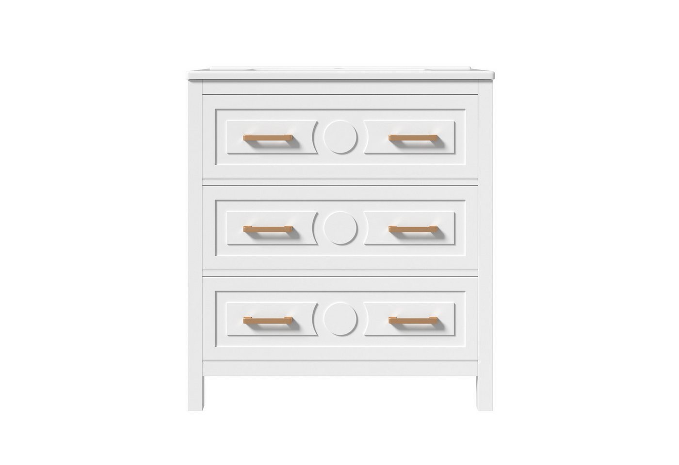 Flieks Waschtisch mit 3 Schubladen, Waschbeckenunterschrank mit Waschbecken (bodenstehender Badschrank mit goldenem Griffen, 1-St., 76,5x47x82 cm), Badezimmerschrank mit glänzend Keramikbecken Badmöbel Weiß
