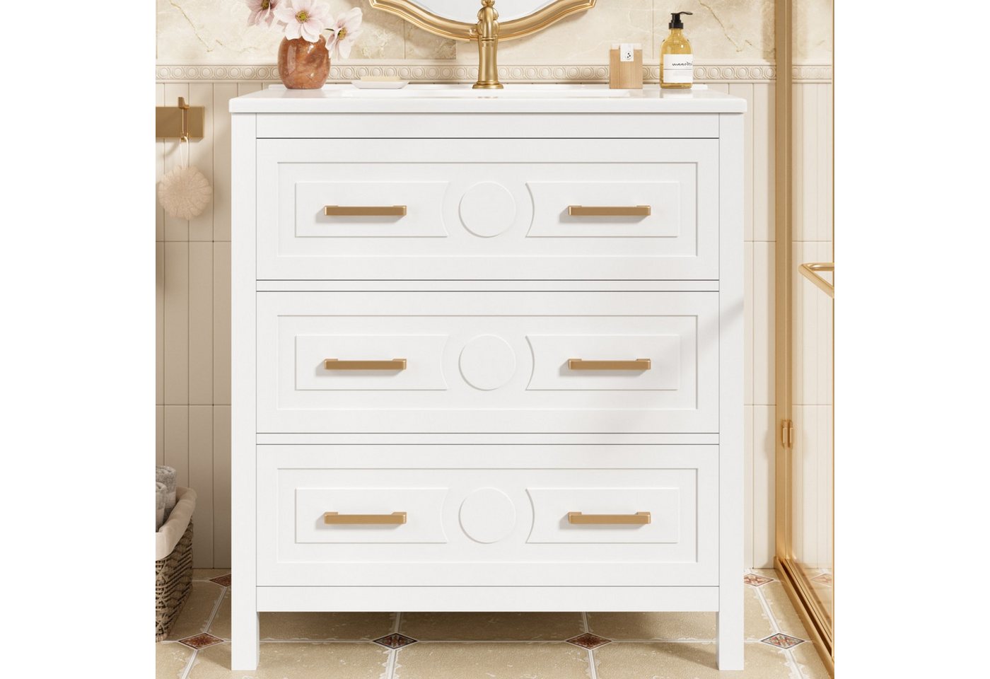 Flieks Waschtisch mit 3 Schubladen, Waschbeckenunterschrank mit Waschbecken (bodenstehender Badschrank mit goldenem Griffen, 1-St., 76,5x47x82 cm), Badezimmerschrank mit glänzend Keramikbecken Badmöbel Weiß Bild 2