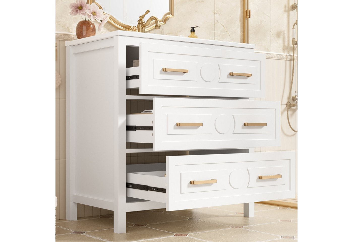 Flieks Waschtisch mit 3 Schubladen, Waschbeckenunterschrank mit Waschbecken (bodenstehender Badschrank mit goldenem Griffen, 1-St., 76,5x47x82 cm), Badezimmerschrank mit glänzend Keramikbecken Badmöbel Weiß Bild 3