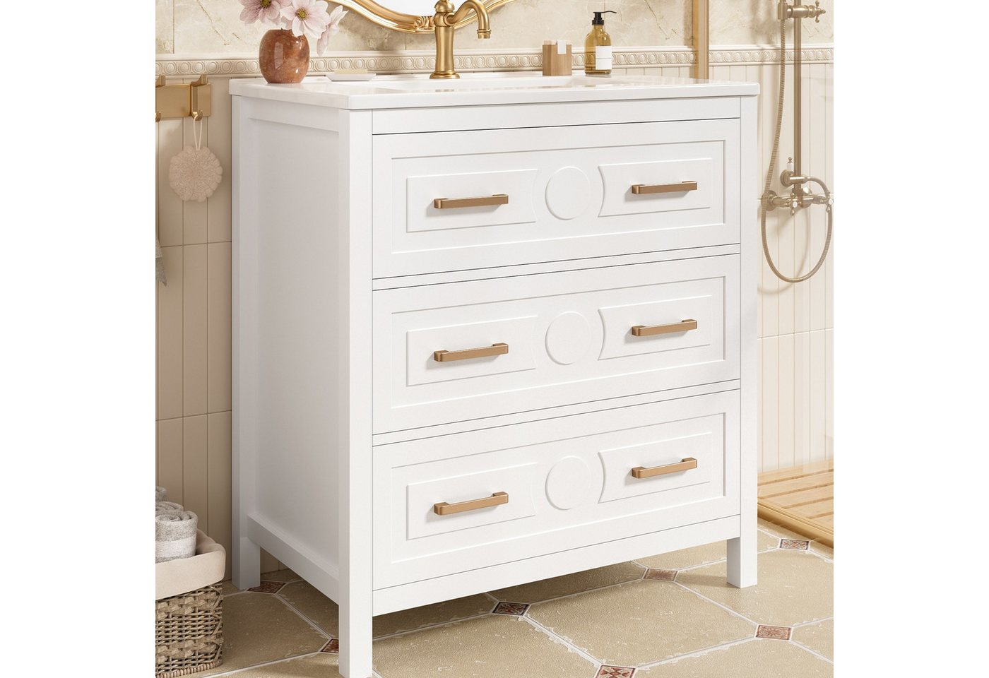 Flieks Waschtisch mit 3 Schubladen, Waschbeckenunterschrank mit Waschbecken (bodenstehender Badschrank mit goldenem Griffen, 1-St., 76,5x47x82 cm), Badezimmerschrank mit glänzend Keramikbecken Badmöbel Weiß Bild 4