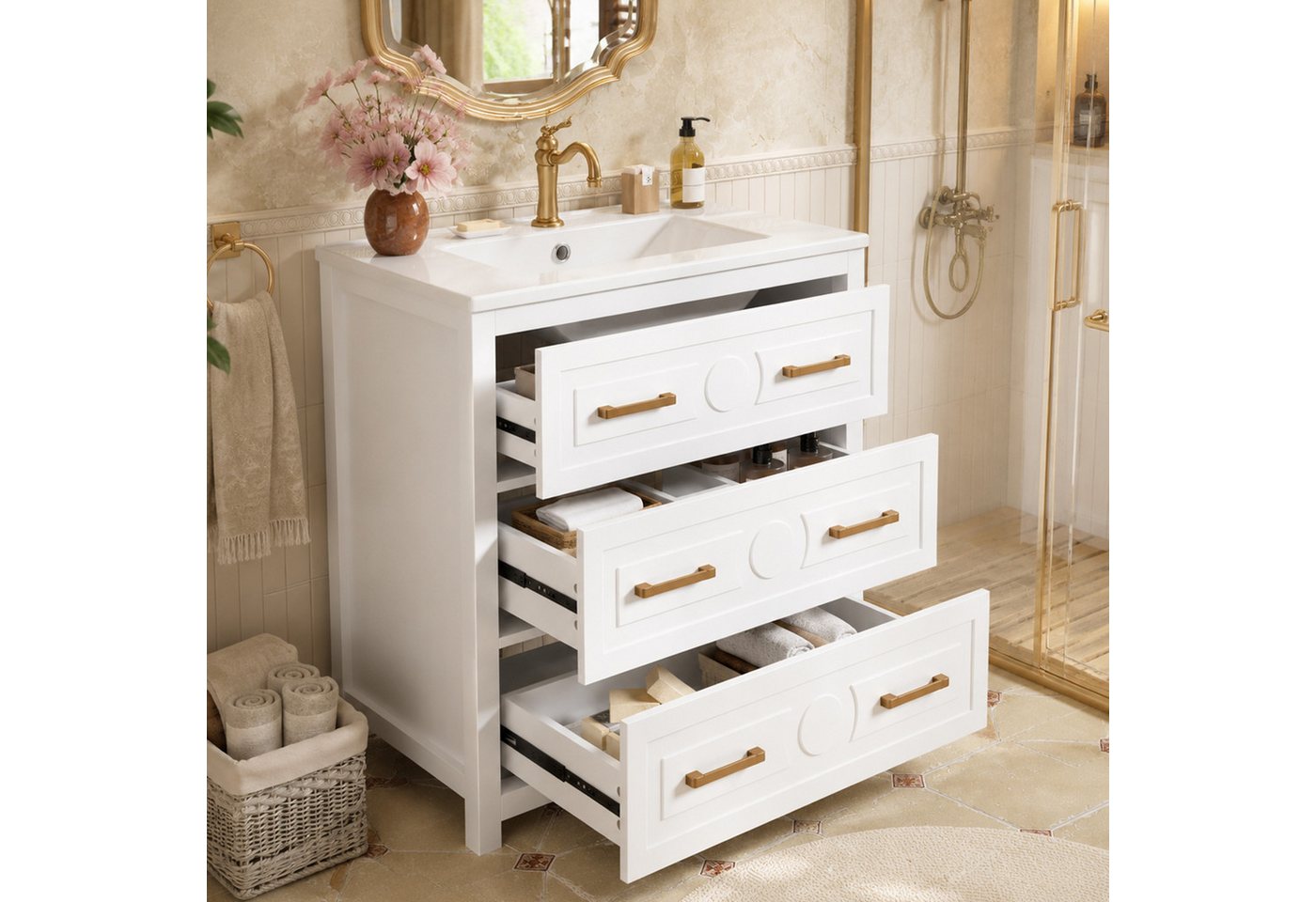 Flieks Waschtisch mit 3 Schubladen, Waschbeckenunterschrank mit Waschbecken (bodenstehender Badschrank mit goldenem Griffen, 1-St., 76,5x47x82 cm), Badezimmerschrank mit glänzend Keramikbecken Badmöbel Weiß Bild 5