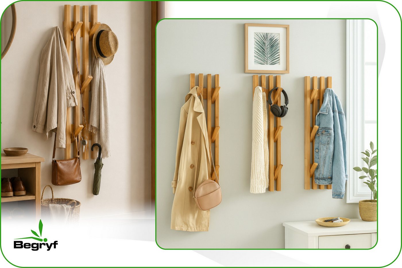 BEGRYF Wandgarderobe Bambus Natur 14 x 3,5 x 80 cm (1 St), 4 Haken, zur Wandmontage Bild 4