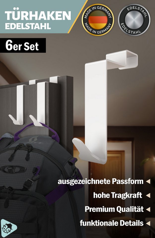 Lindenstein Türhaken Türgarderobe Edelstahl, Türen, (Packung, 6-St., 6), Ohne Bohren, rostbeständig, formstabil, belastbar