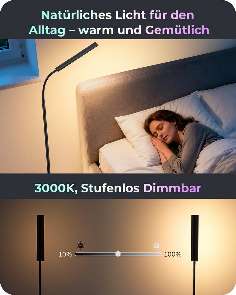 EDISHINE LED Stehlampe dimmbar, mit RGB Funktion, LED fest integriert, warmweiß, RGB Licht, mit RGB-Licht, Lampenkopf schwenkbar