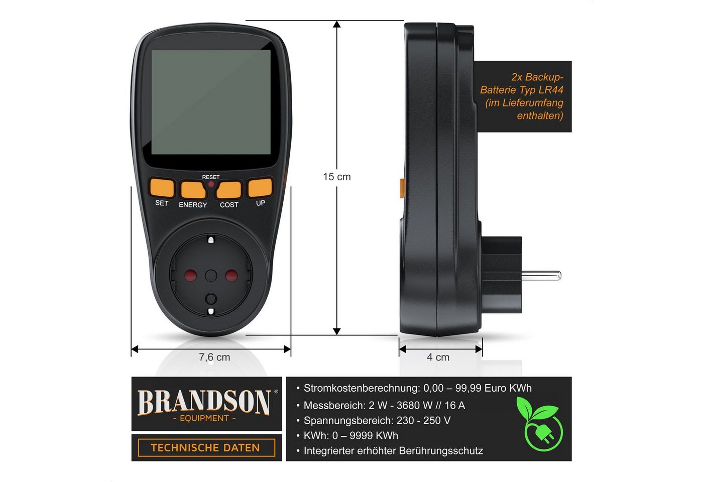 Brandson Energiekostenmessgerät 2er Set Energiekostenmessgerät Strommessgerät Steckdose, 2,7 " Display, Set, 2-tlg., Energiekosten Anzeige, Stromzähler für Steckdose mit Berührungsschutz Bild 3