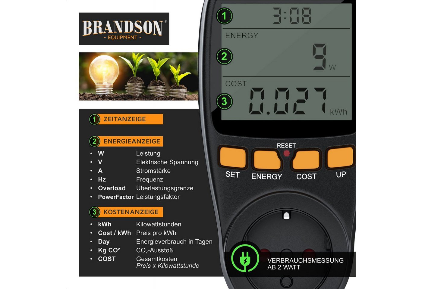 Brandson Energiekostenmessgerät 2er Set Energiekostenmessgerät Strommessgerät Steckdose, 2,7 " Display, Set, 2-tlg., Energiekosten Anzeige, Stromzähler für Steckdose mit Berührungsschutz Bild 5
