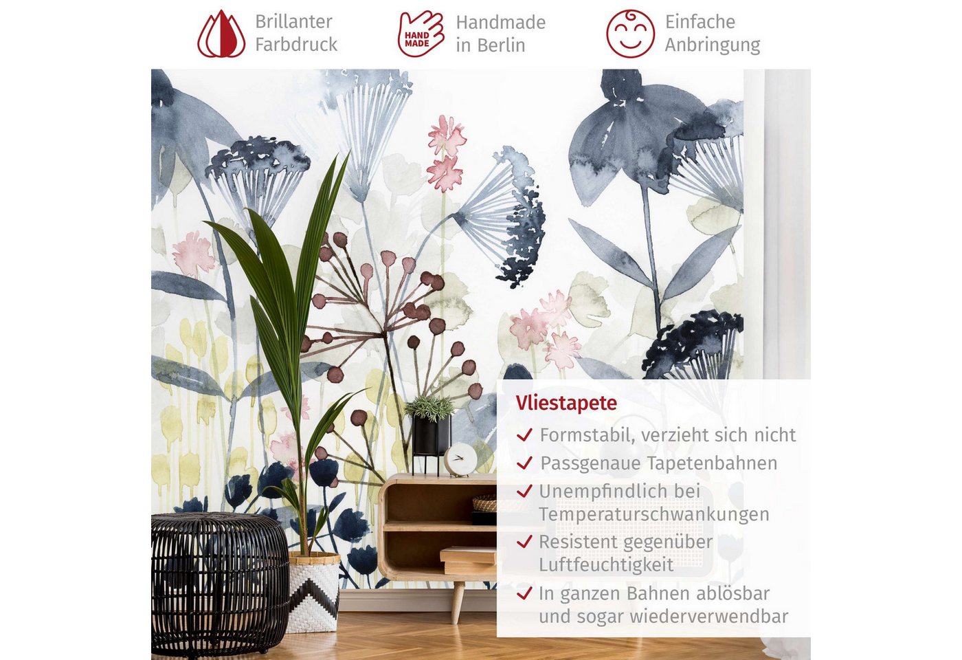 Bilderdepot24 Fototapete Blumen Wildblumen Aquarell Blumentapete Floral Natur Modern Kunst, Glatt, Matt, (Vliestapete inkl. Kleister oder selbstklebend), Wohnzimmer Schlafzimmer Küche Flur Motivtapete Vliestapete Wandtapete