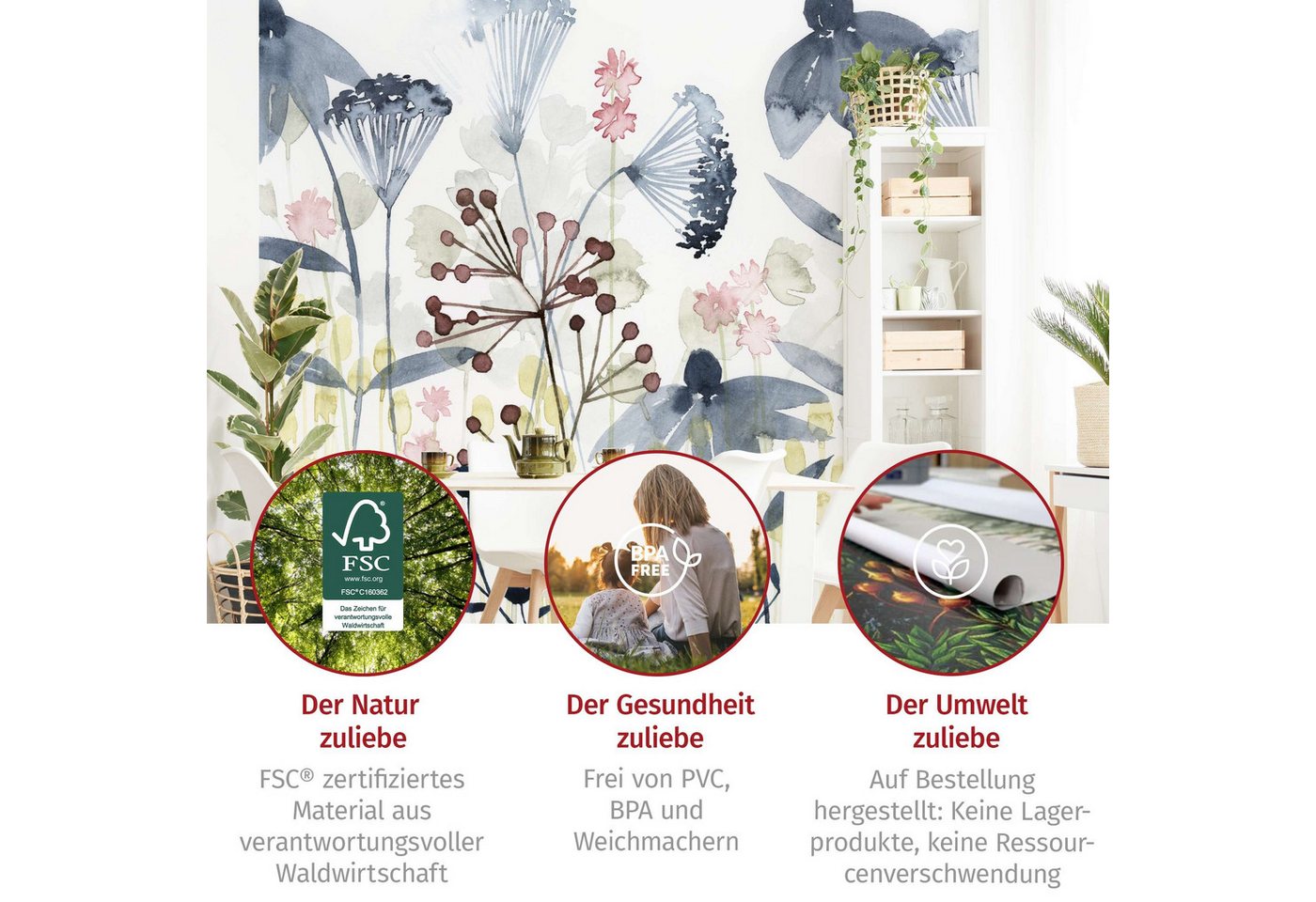 Bilderdepot24 Fototapete Blumen Wildblumen Aquarell Blumentapete Floral Natur Modern Kunst, Glatt, Matt, (Vliestapete inkl. Kleister oder selbstklebend), Wohnzimmer Schlafzimmer Küche Flur Motivtapete Vliestapete Wandtapete Bild 5