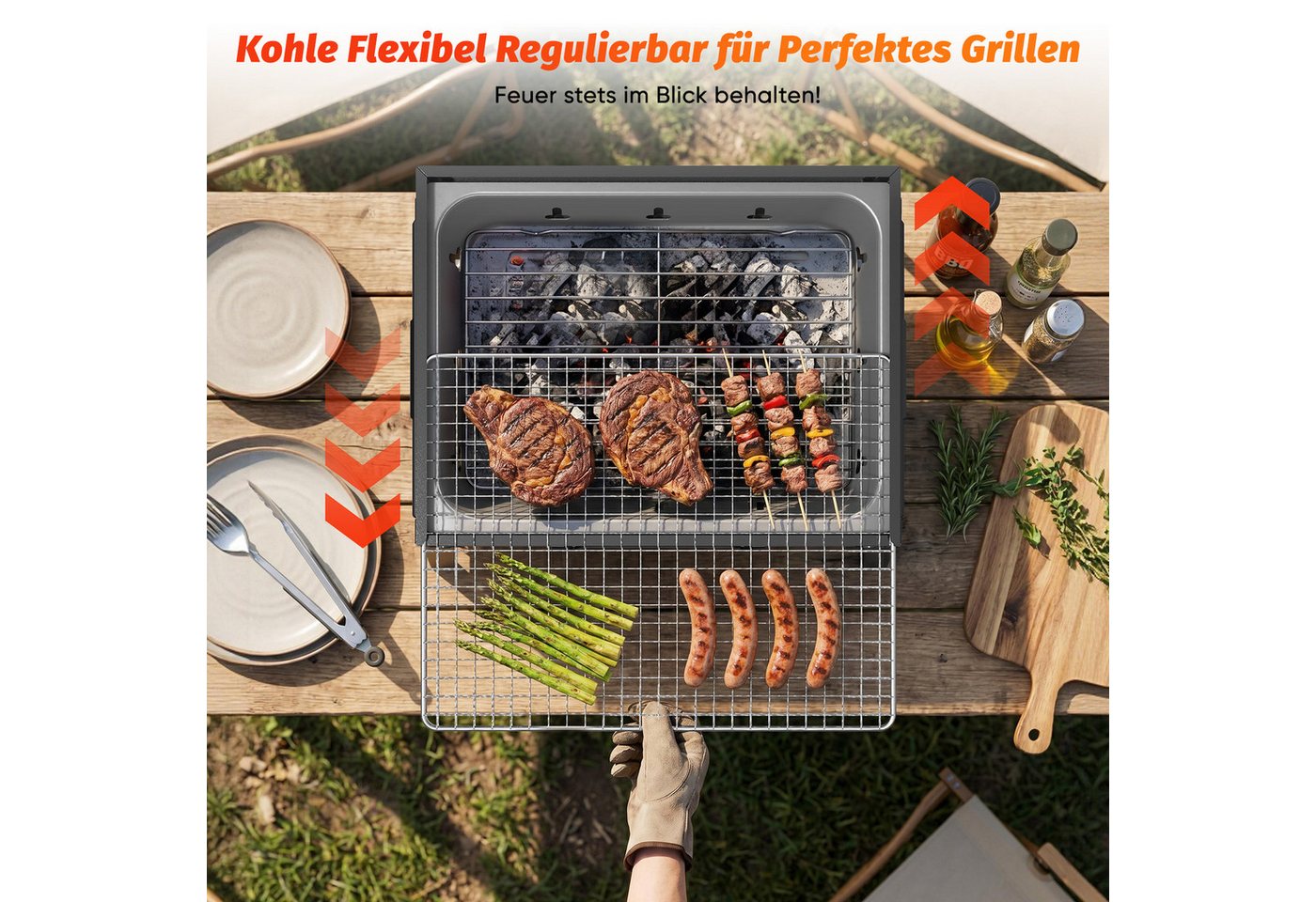 Huracan Holzkohlegrill Tragbarer,Klappbar Kompakter Grill mit Griff, und entnehmbarem Ascheauffangbehälter, Edelstahl Kleiner Grill Picknickgrill, für Garten, Balkon, Camping, Picknick & unterwegs Bild 2
