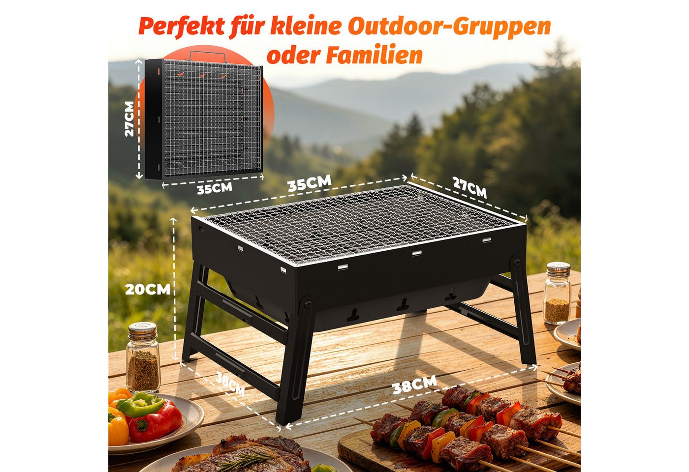 Huracan Holzkohlegrill Tragbarer,Klappbar Kompakter Grill mit Griff, und entnehmbarem Ascheauffangbehälter, Edelstahl Kleiner Grill Picknickgrill, für Garten, Balkon, Camping, Picknick & unterwegs Bild 5