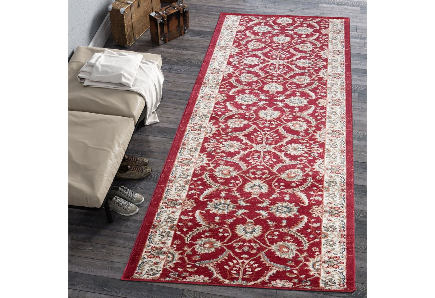 Mazovia Läufer Klassisch Bordüre Rot Flur, Schlafzimmer, Diele, Fußbodenheizung