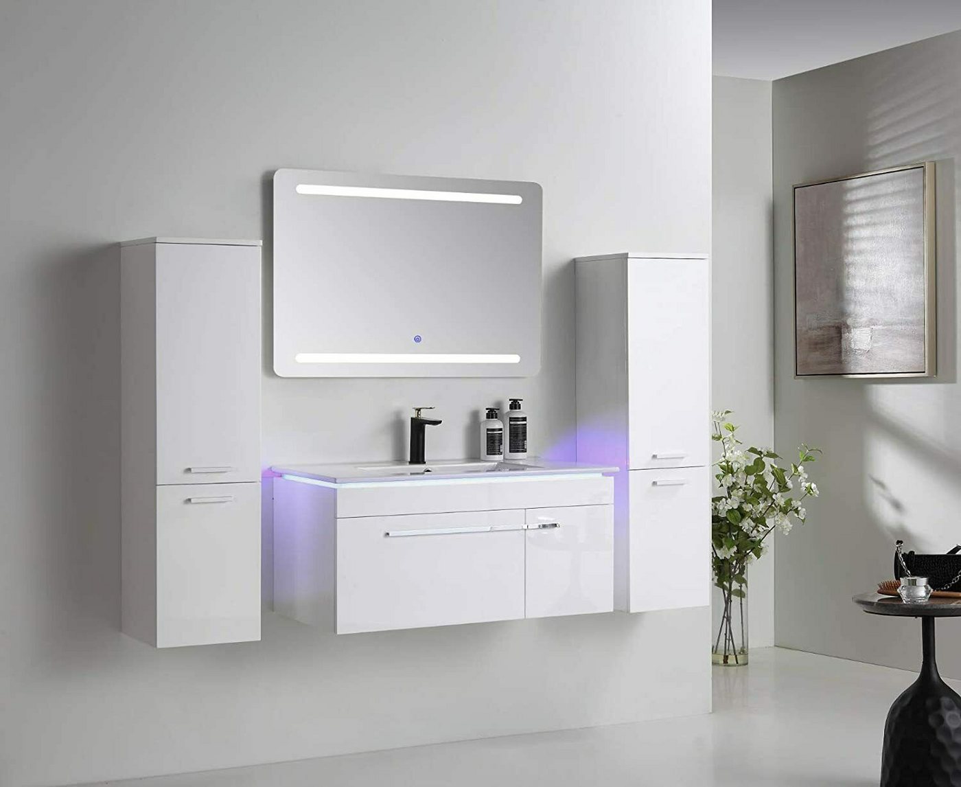 Faizee Home Badmöbel-Set Badmöbel- Set Schwarz/Weiß/Königsblau Keramik/Granit 120 cm, (Komplett-Set, 5-St), badmöbel set 120cm komplett Set LED-Spiegel mit Touch-Funktion Bild 2