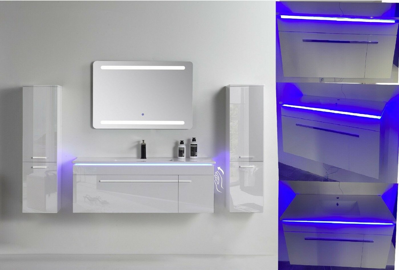 Faizee Home Badmöbel-Set Badmöbel- Set Schwarz/Weiß/Königsblau Keramik/Granit 120 cm, (Komplett-Set, 5-St), badmöbel set 120cm komplett Set LED-Spiegel mit Touch-Funktion Bild 3