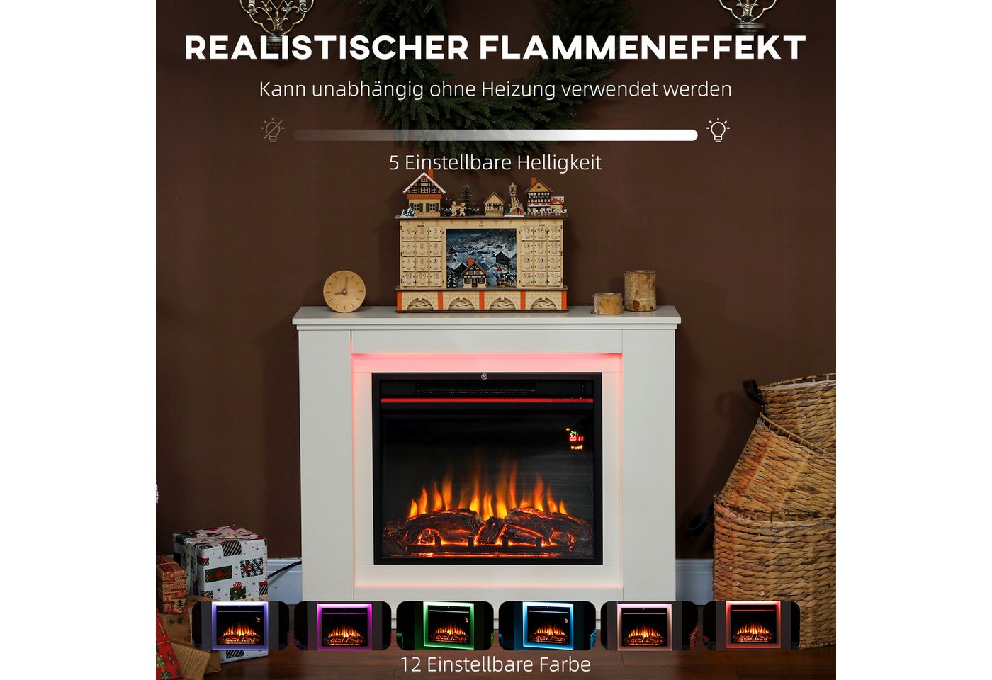 HOMCOM Elektrokamin mit Heizung 1000 W/ 2000 W, Überhitzungsschutz, Weiß Bild 5