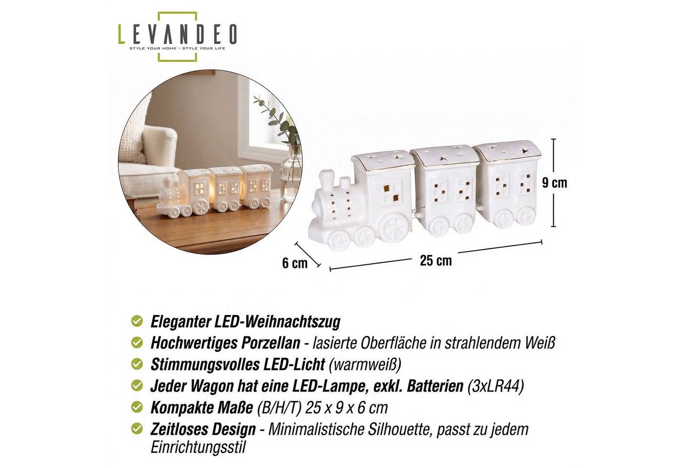 Levandeo® LED Dekoobjekt LED Weihnachtszug L25cm Porzellan Weiß Weihnachtsdeko Sterne Zug Licht
