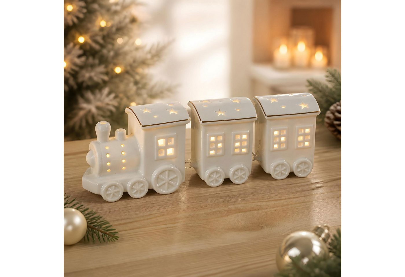 Levandeo® LED Dekoobjekt LED Weihnachtszug L25cm Porzellan Weiß Weihnachtsdeko Sterne Zug Licht Bild 2