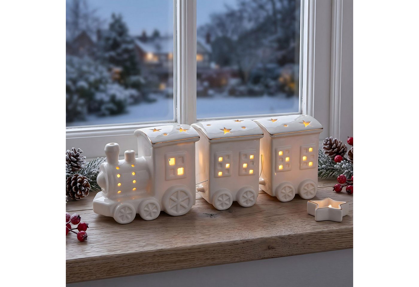 Levandeo® LED Dekoobjekt LED Weihnachtszug L25cm Porzellan Weiß Weihnachtsdeko Sterne Zug Licht Bild 3