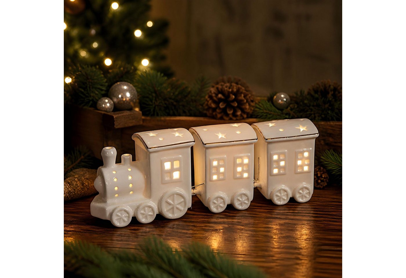 Levandeo® LED Dekoobjekt LED Weihnachtszug L25cm Porzellan Weiß Weihnachtsdeko Sterne Zug Licht Bild 5