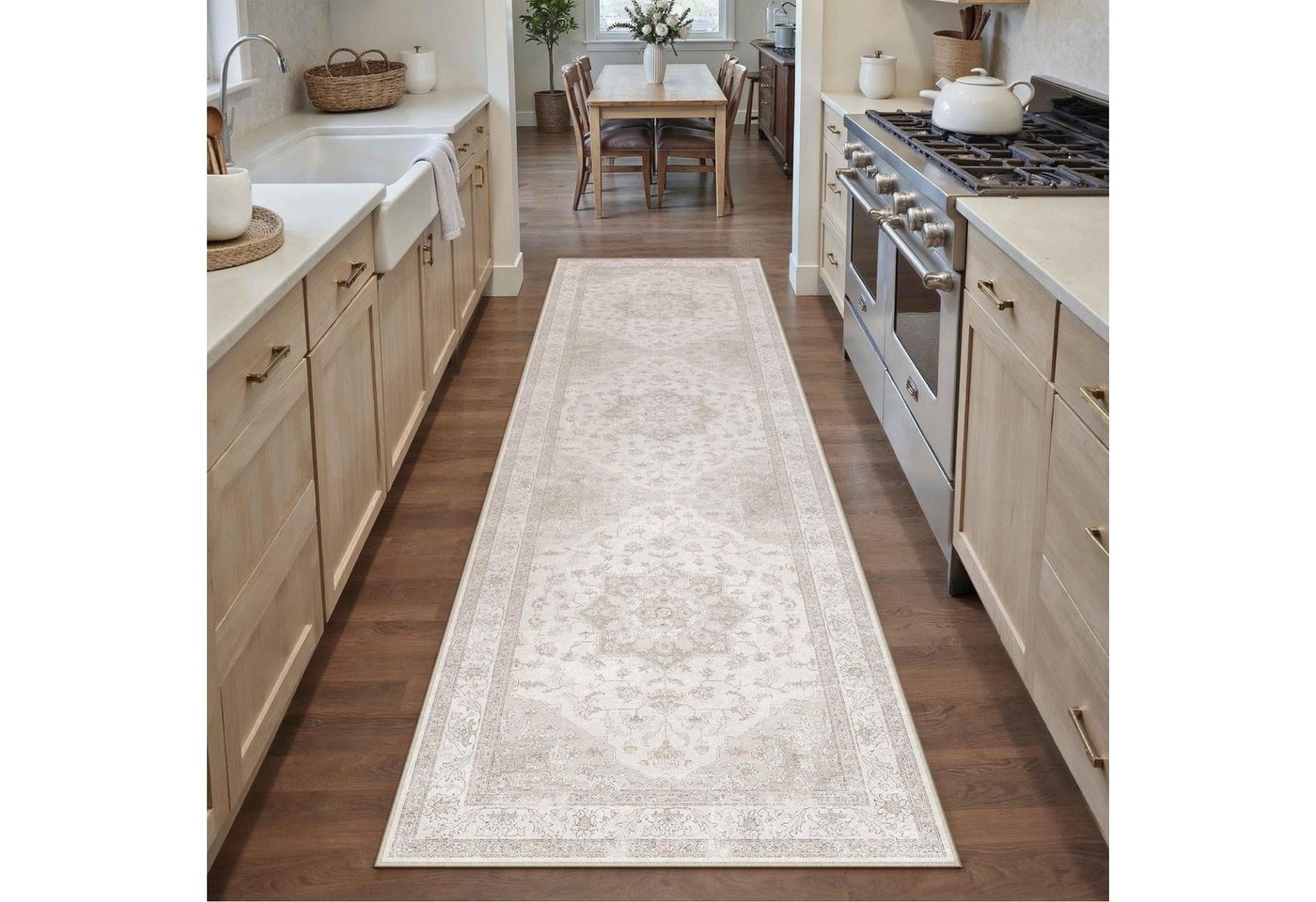 LuxusKollektion Läufer Teppich Läufer Vintage Beige 80x400cm Waschbar, rechteckig, Höhe: 5 mm