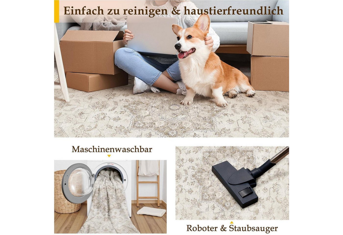 LuxusKollektion Läufer Teppich Läufer Vintage Beige 80x400cm Waschbar, rechteckig, Höhe: 5 mm Bild 5
