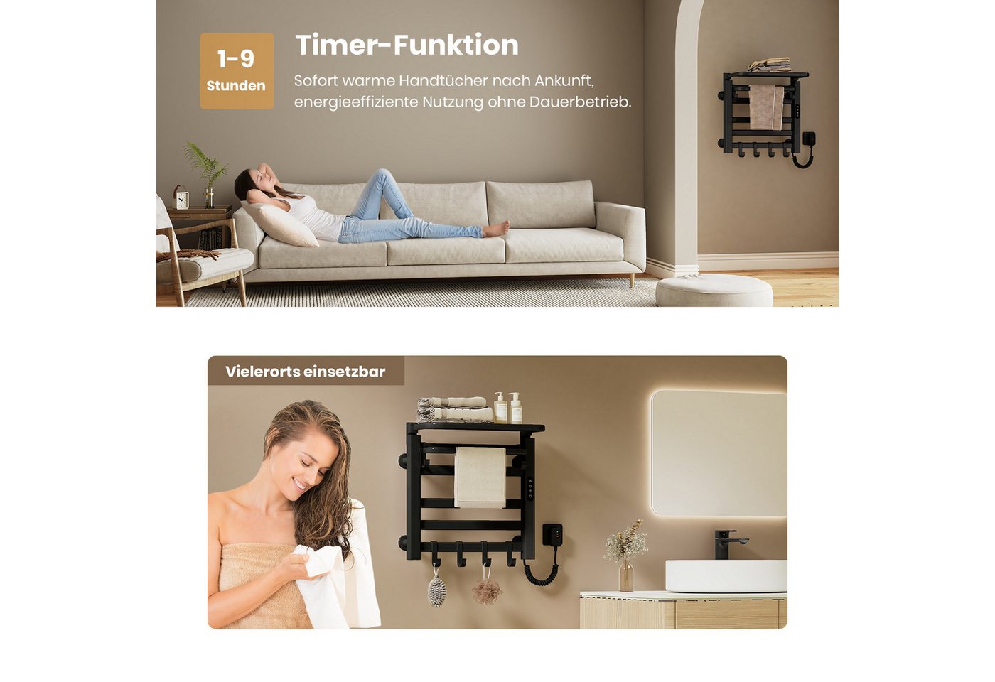 EMKE Elektrischer Badheizkörper Handtuchwärmer mit intelligentem Thermostat undklappbarer Ablage, in gerader Ausführung 50 × 50 cm, mit Handtuchstange und 6 Haken