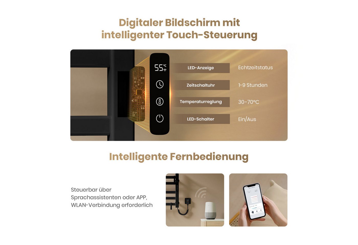 EMKE Elektrischer Badheizkörper Handtuchwärmer mit intelligentem Thermostat undklappbarer Ablage, in gerader Ausführung 50 × 50 cm, mit Handtuchstange und 6 Haken Bild 3