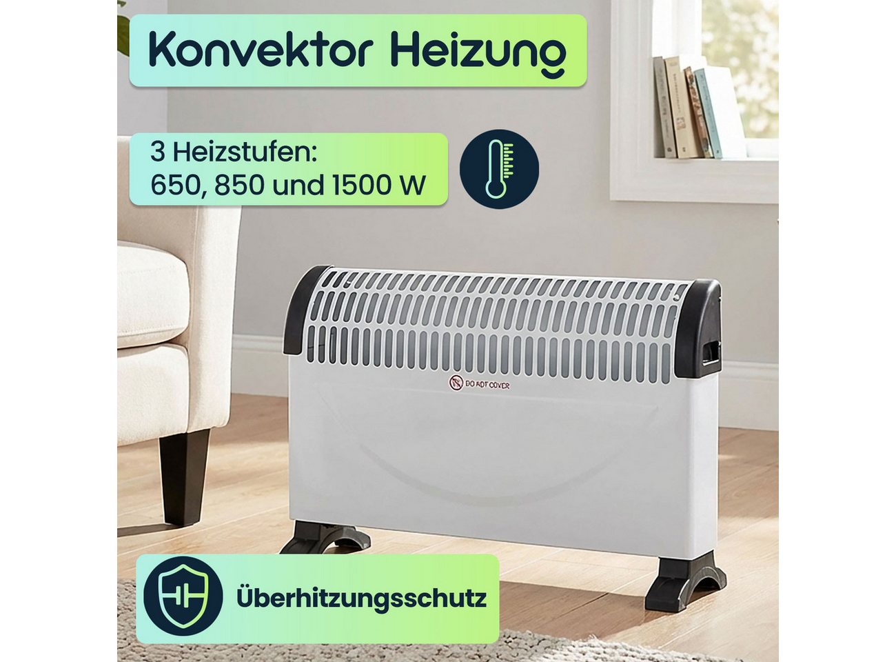 *Alpina* Konvektor Konvektor-Heizung 1500W 50 x 33cm mit Thermostat, Standheizgerät, mit 3 Stufen, Thermostat, Überhitzungsschutz & GS-Zeichen Bild 3