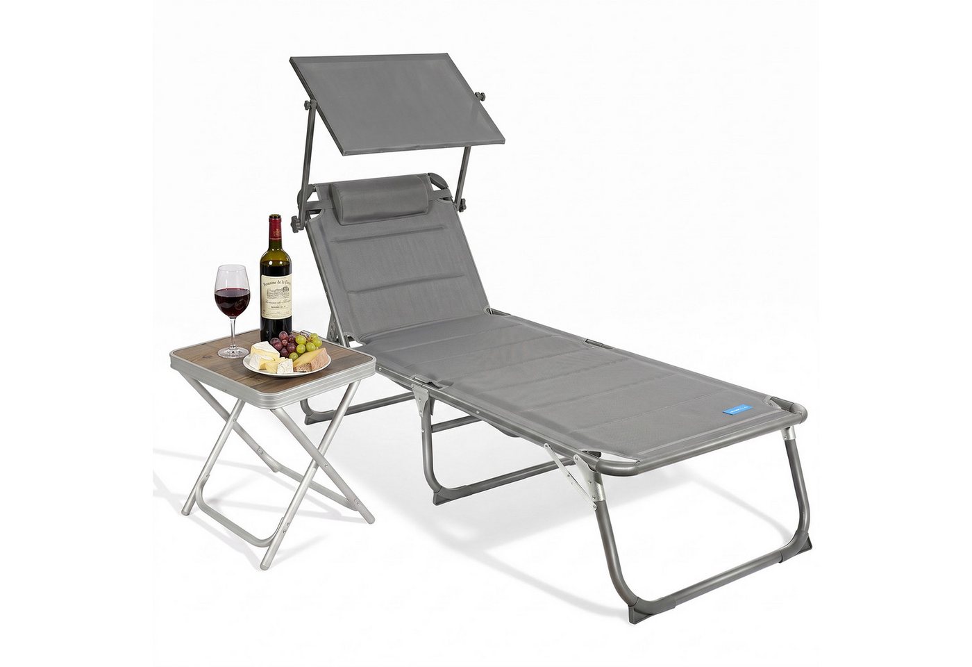 HOMECALL Gartenliege Große Sonnenliege mit multifunktionaler Beistelltisch AluLiege, Strandliege Liegestuhl Klappstuhl mit Sonnendach, Textilene Mit Dickemschnelltrocknende, Schaumstoffpolsterung, Kopfstütze und verstellbarer Rückenlehne, bis 180 kg