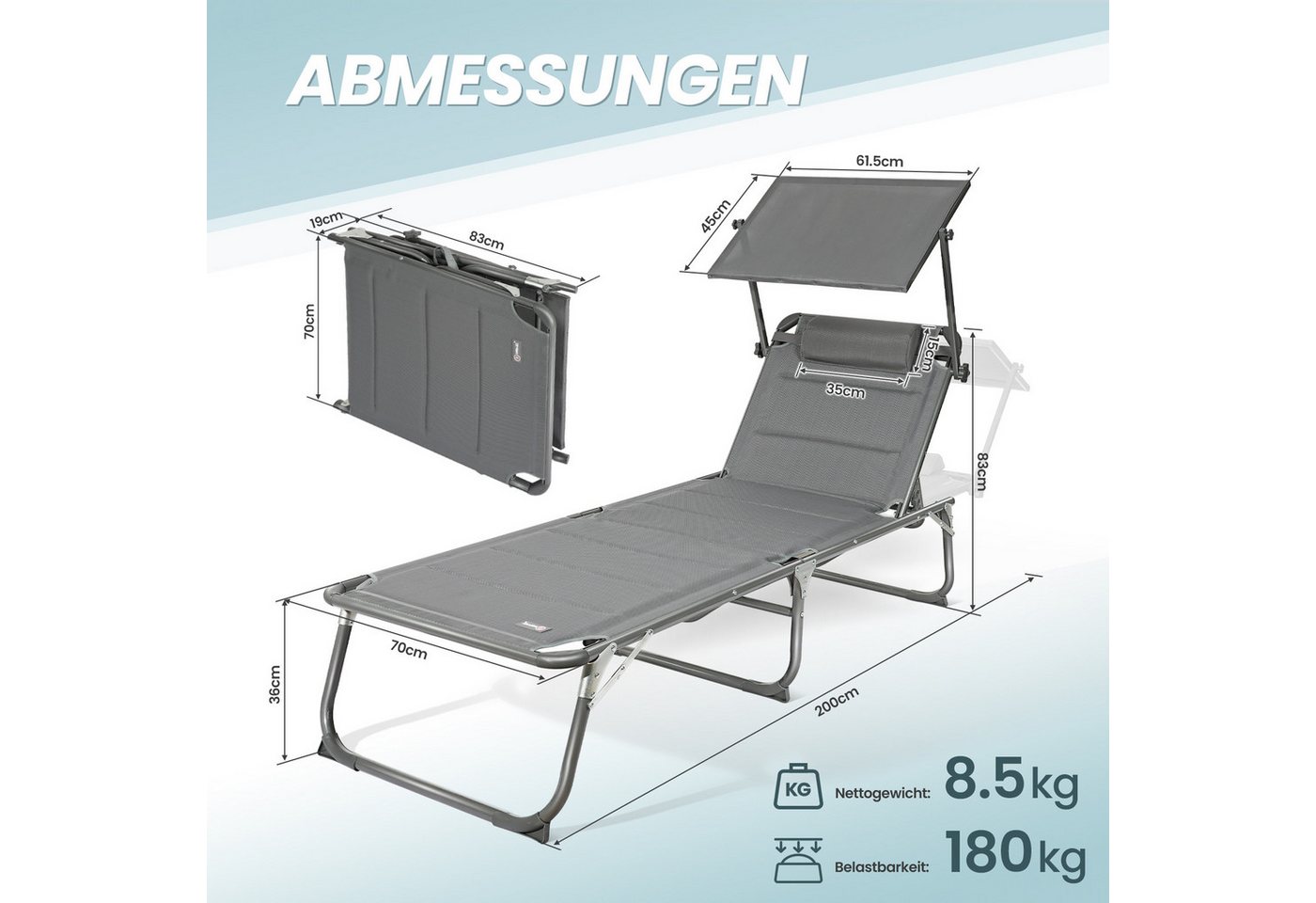 HOMECALL Gartenliege Große Sonnenliege mit multifunktionaler Beistelltisch AluLiege, Strandliege Liegestuhl Klappstuhl mit Sonnendach, Textilene Mit Dickemschnelltrocknende, Schaumstoffpolsterung, Kopfstütze und verstellbarer Rückenlehne, bis 180 kg Bild 2