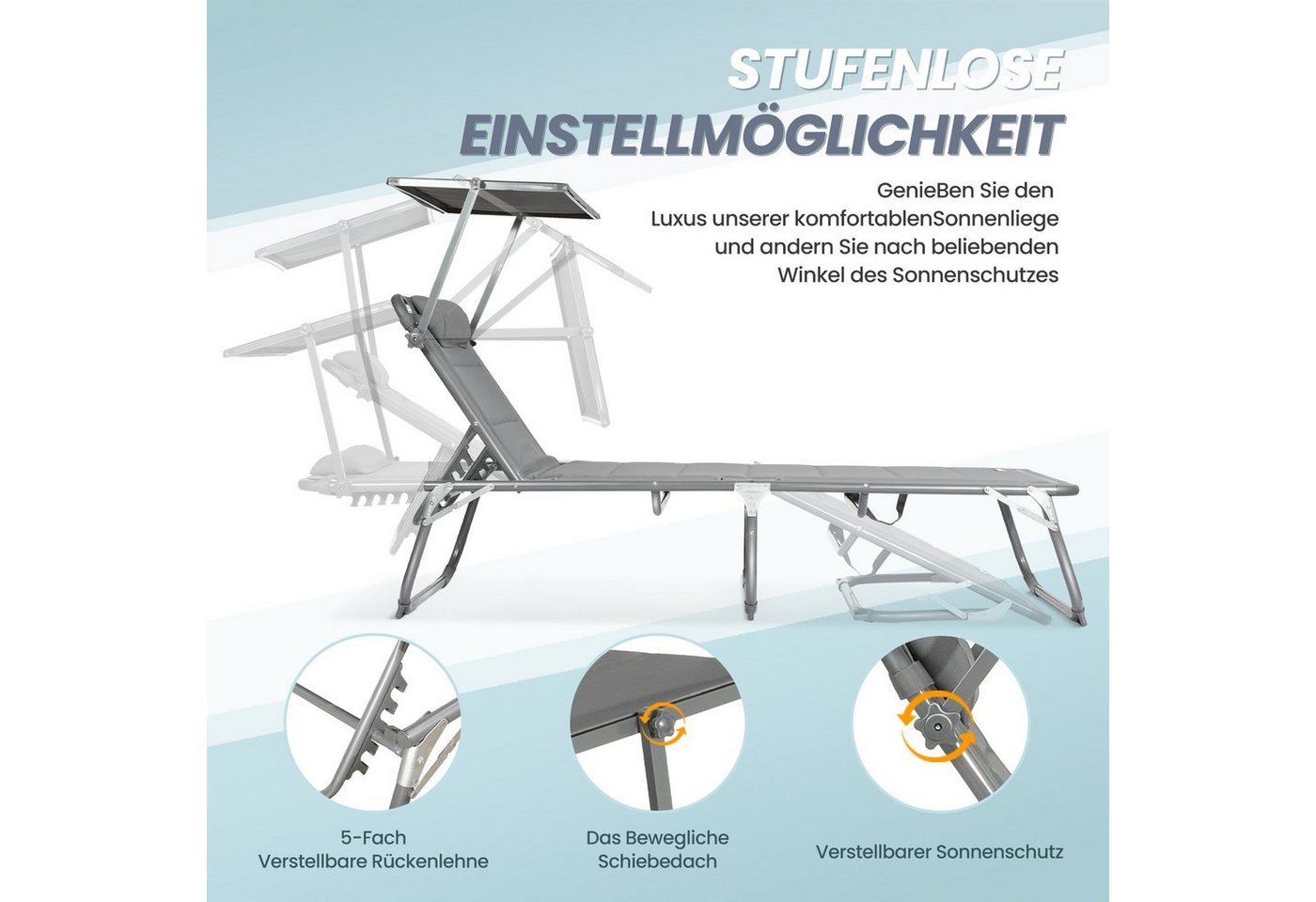 HOMECALL Gartenliege Große Sonnenliege mit multifunktionaler Beistelltisch AluLiege, Strandliege Liegestuhl Klappstuhl mit Sonnendach, Textilene Mit Dickemschnelltrocknende, Schaumstoffpolsterung, Kopfstütze und verstellbarer Rückenlehne, bis 180 kg Bild 3