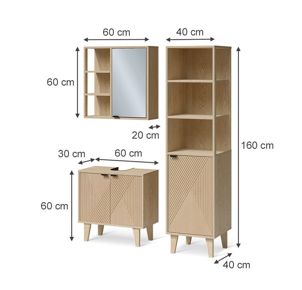 Vicco Badmöbel-Set Arven, Eiche, 3-er Set mit Hochschrank, (3-St., 3er Set) Bild 5