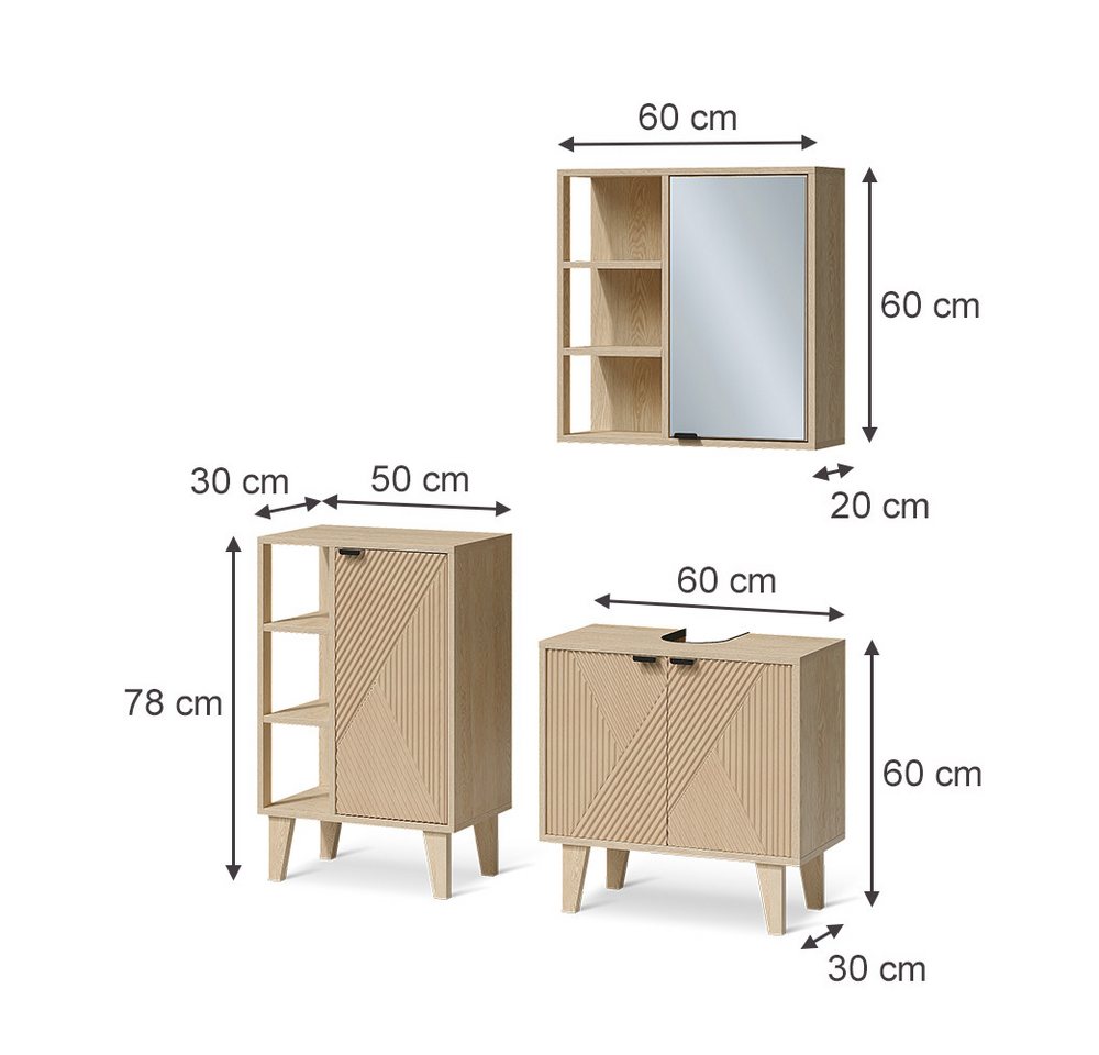 Vicco Badmöbel-Set Arven, Eiche, 3-er Set mit Midischrank, (3-St., 3er Set)