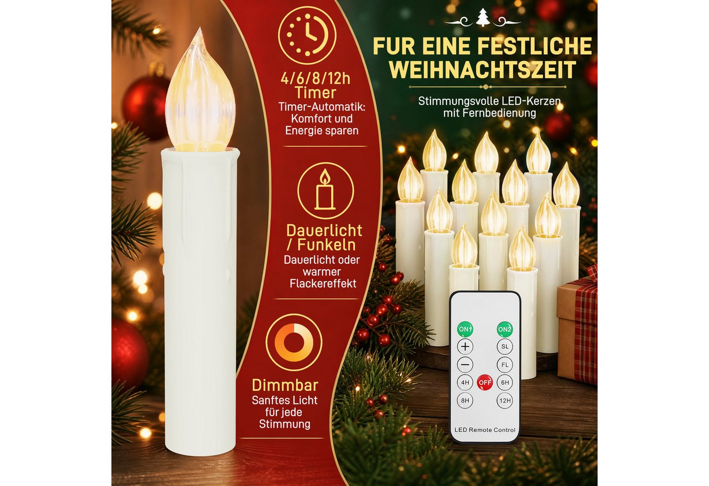 FIVMEN LED-Kerze LED Kerzen Weihnachtskerzen Flammenlose Dimmbar mit Fernbedienung, Eine festliche Weihnachtsatmosphäre und passende Weihnachtsdekoration Bild 4
