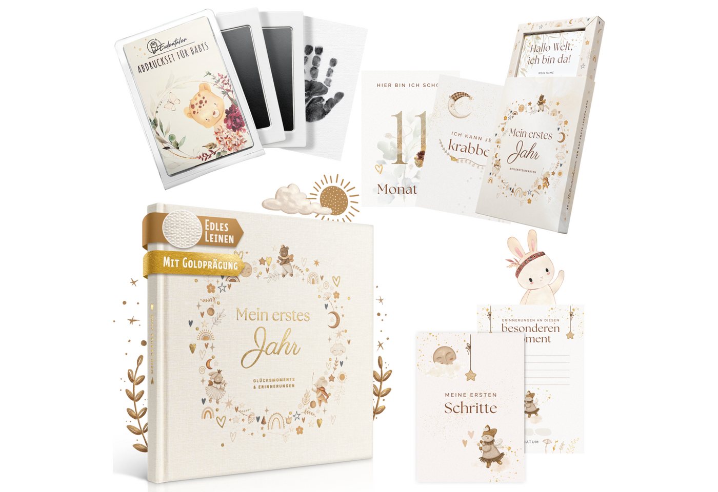 Eulentaler Tagebuch Babyalbum Geschenkset 3in1 Leinen, Babyalbum, 48 Meilensteinkarten & Baby-Abdruckset, Geschenk zur Geburt