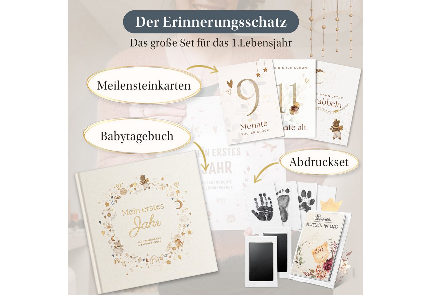 Eulentaler Tagebuch Babyalbum Geschenkset 3in1 Leinen, Babyalbum, 48 Meilensteinkarten & Baby-Abdruckset, Geschenk zur Geburt Bild 3