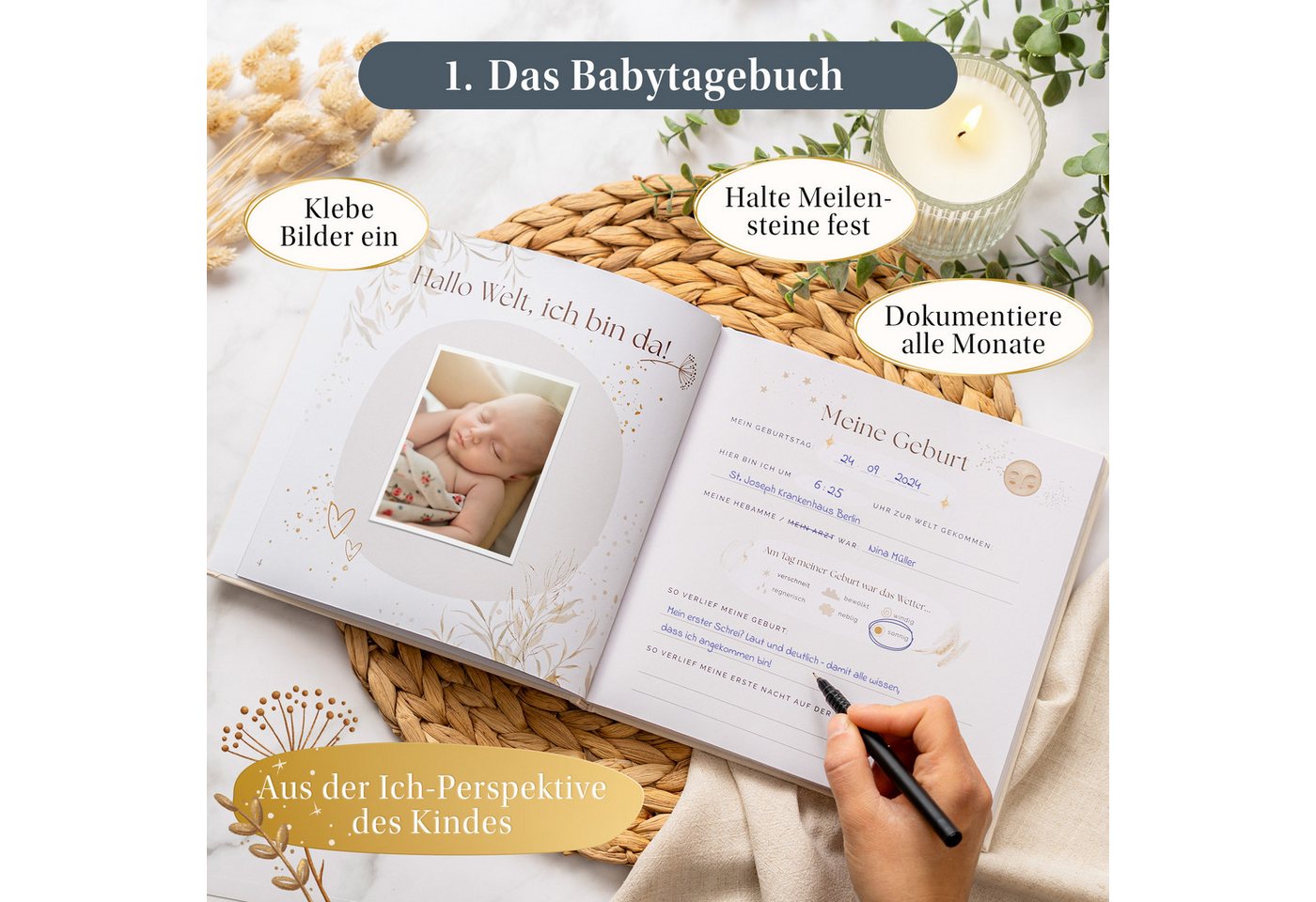 Eulentaler Tagebuch Babyalbum Geschenkset 3in1 Leinen, Babyalbum, 48 Meilensteinkarten & Baby-Abdruckset, Geschenk zur Geburt Bild 5