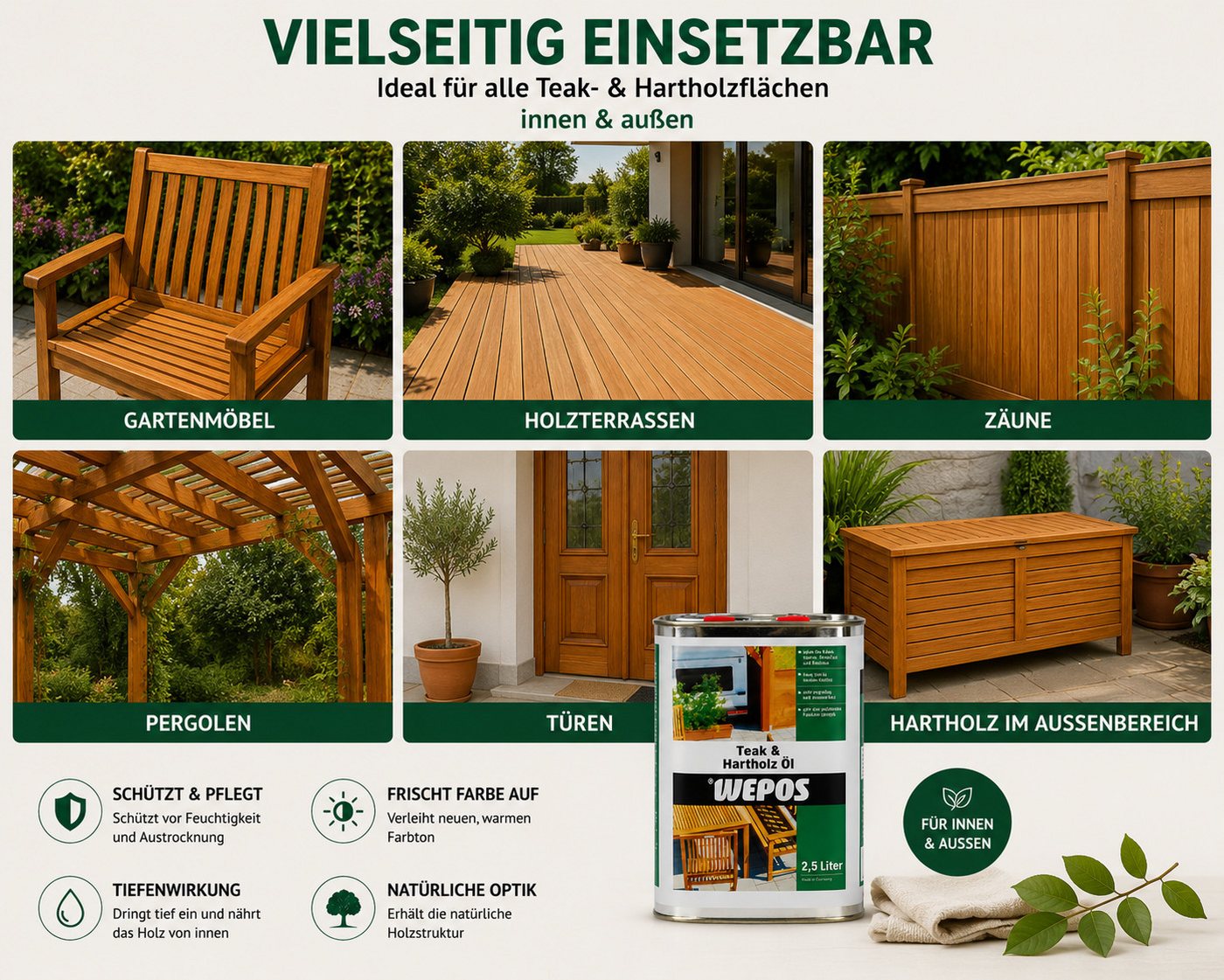 DomDeco Teakholzöl WEPOS Teak- und Hartholz-Öl 2,5 L, UV-Schutz für Terrasse & Garten, pH-neutral, hochdosiert, universalreiniger Bild 2
