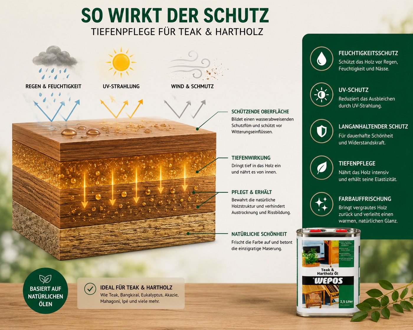 DomDeco Teakholzöl WEPOS Teak- und Hartholz-Öl 2,5 L, UV-Schutz für Terrasse & Garten, pH-neutral, hochdosiert, universalreiniger Bild 3