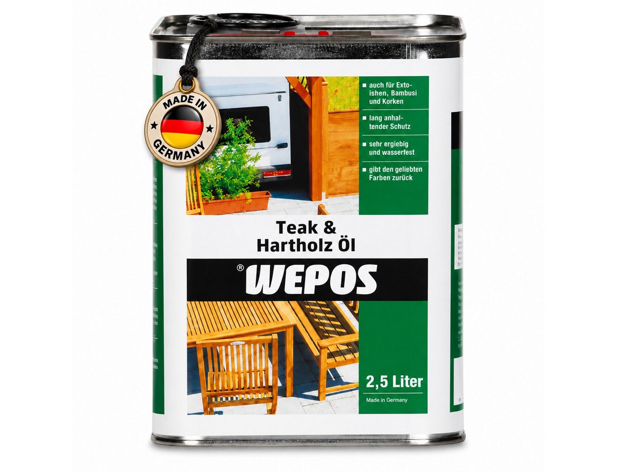 DomDeco Teakholzöl WEPOS Teak- und Hartholz-Öl 2,5 L, UV-Schutz für Terrasse & Garten, pH-neutral, hochdosiert, universalreiniger Bild 4