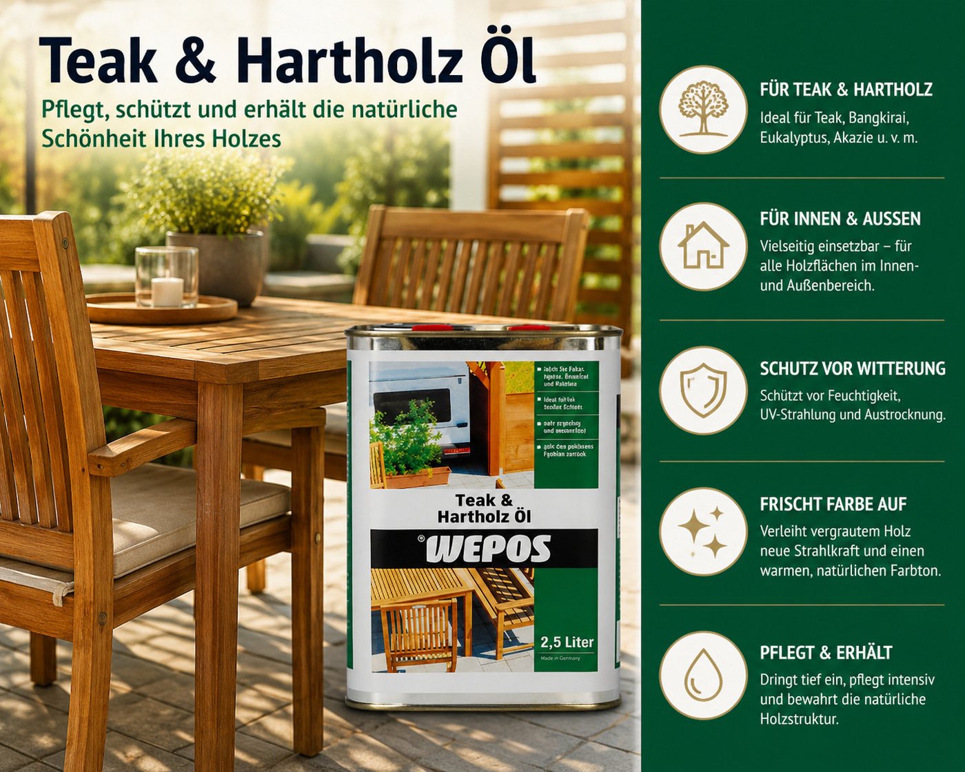DomDeco Teakholzöl WEPOS Teak- und Hartholz-Öl 2,5 L, UV-Schutz für Terrasse & Garten, pH-neutral, hochdosiert, universalreiniger Bild 5
