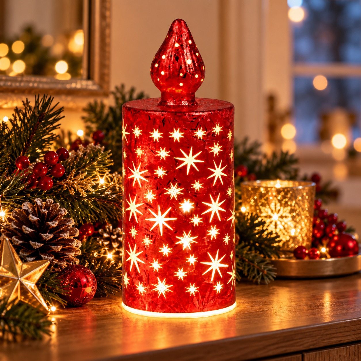 formano LED Dekolicht LED Deko-Kerze Frosty-Rot 17 cm, Glaskerze Sterne, geeiste Optik Timer