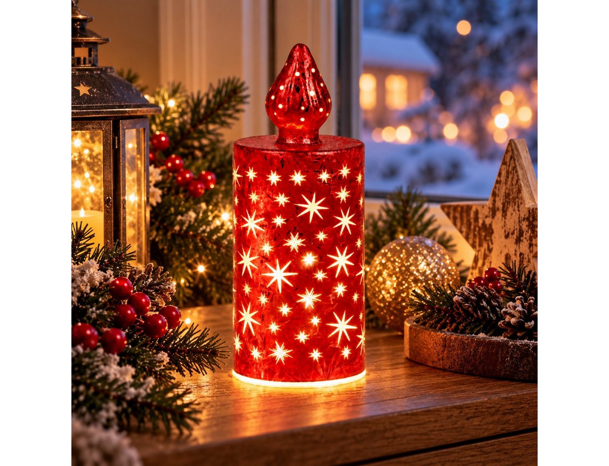 formano LED Dekolicht LED Deko-Kerze Frosty-Rot 17 cm, Glaskerze Sterne, geeiste Optik Timer Bild 2