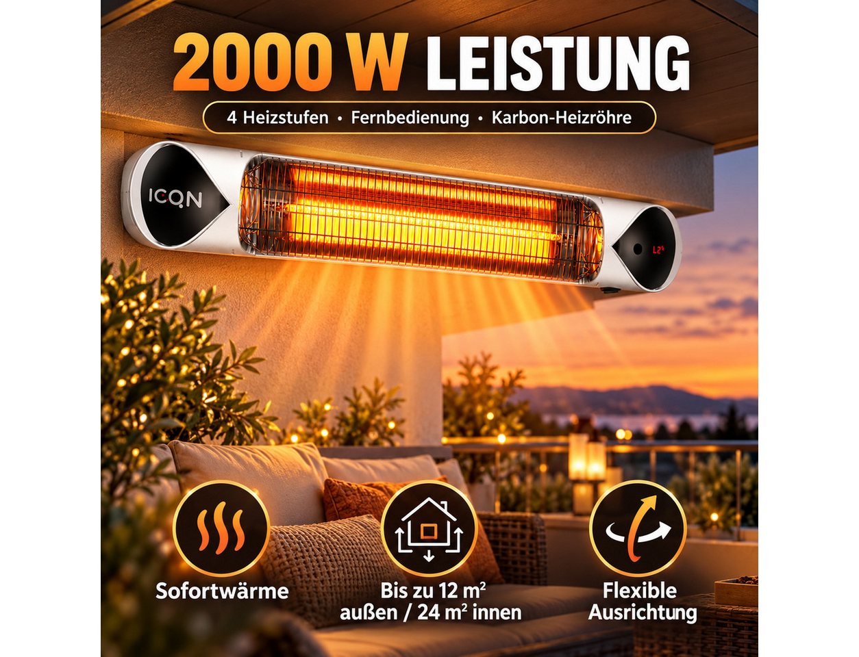 ICQN Heizstrahler ICQN Infrarot Heizstrahler 2000 W mit Ständer, Fernbedienung, IP55, 2000 W, mit Fernbedienung, Kohlenstoff Infrarotstrahler, Innen- & Außenbereich Bild 3